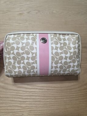 Coach Signature Stripe Cosmetic Pouch in Cream & Pink